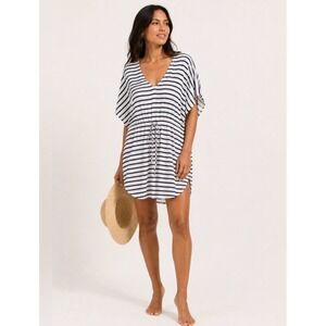 Lands' End Women's L 14-16 Navy White Striped Nautical Swim Coverup Dress